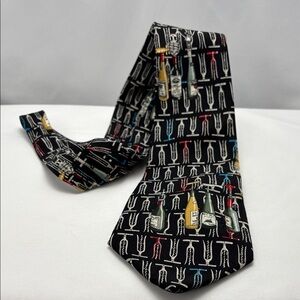 Vintage Nicole Miller 100% Silk Black Tie with Wine Bottle and Corkscrews Design